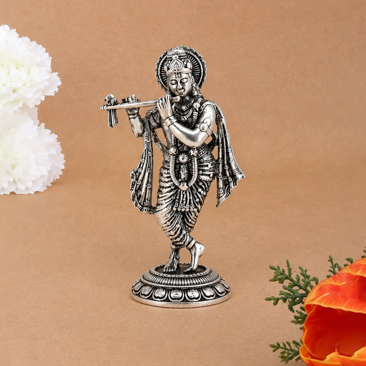 Antique Finish Pure Silver Lord Krishna Idol- Made With Pure 925 Silver