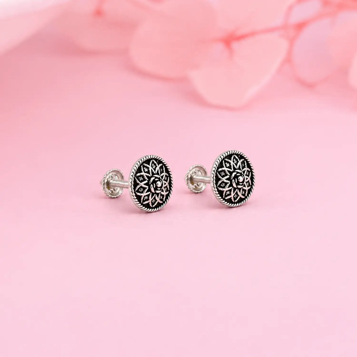 Vintage Rose Oxidized Silver Stud Earrings - Made With Pure 925 Silver