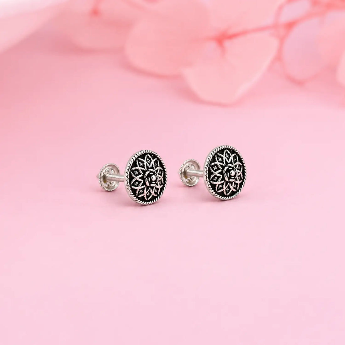 Vintage Rose Oxidized Silver Stud Earrings - Made With Pure 925 Silver