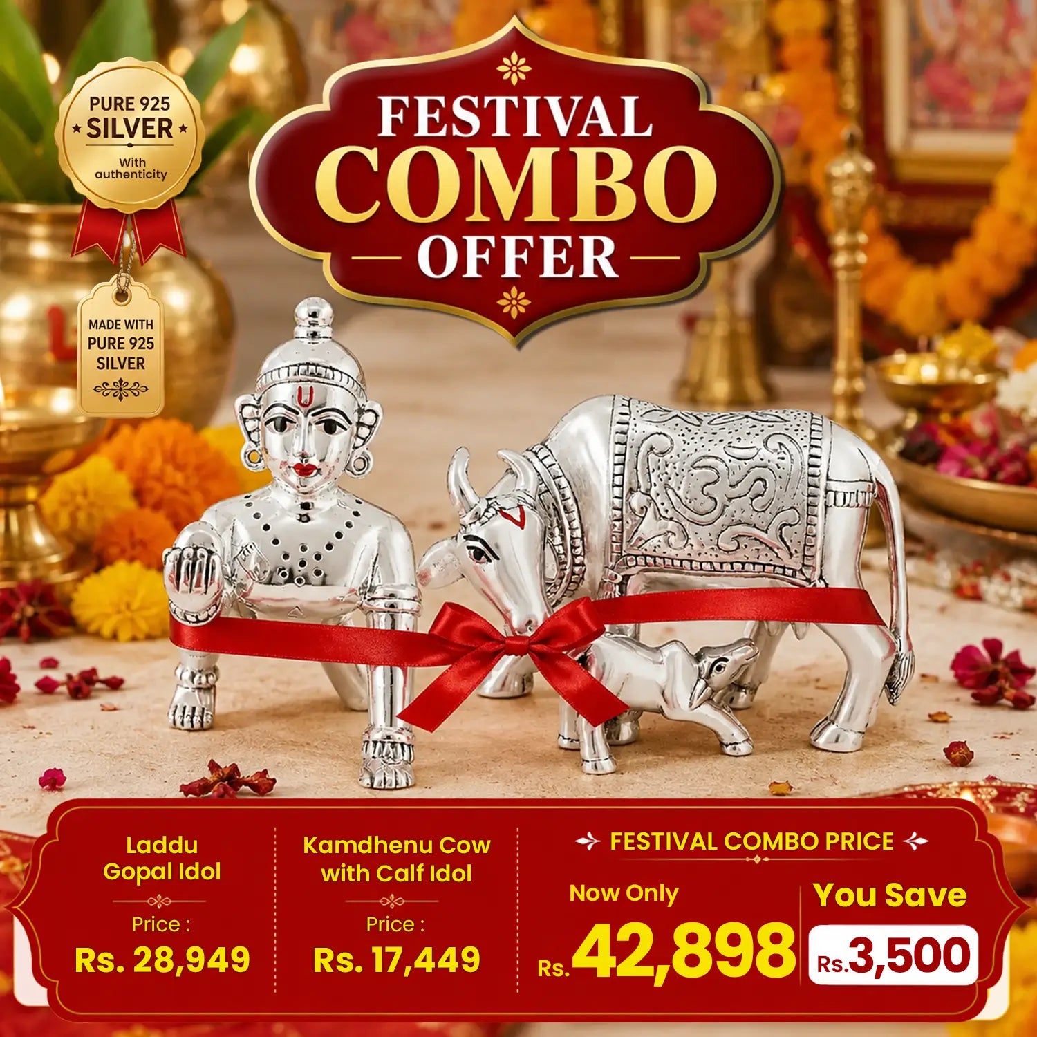 Laddu Gopal & Kamdhenu Cow with Calf Silver Idol Festival Combo - Made With Pure 925 Silver