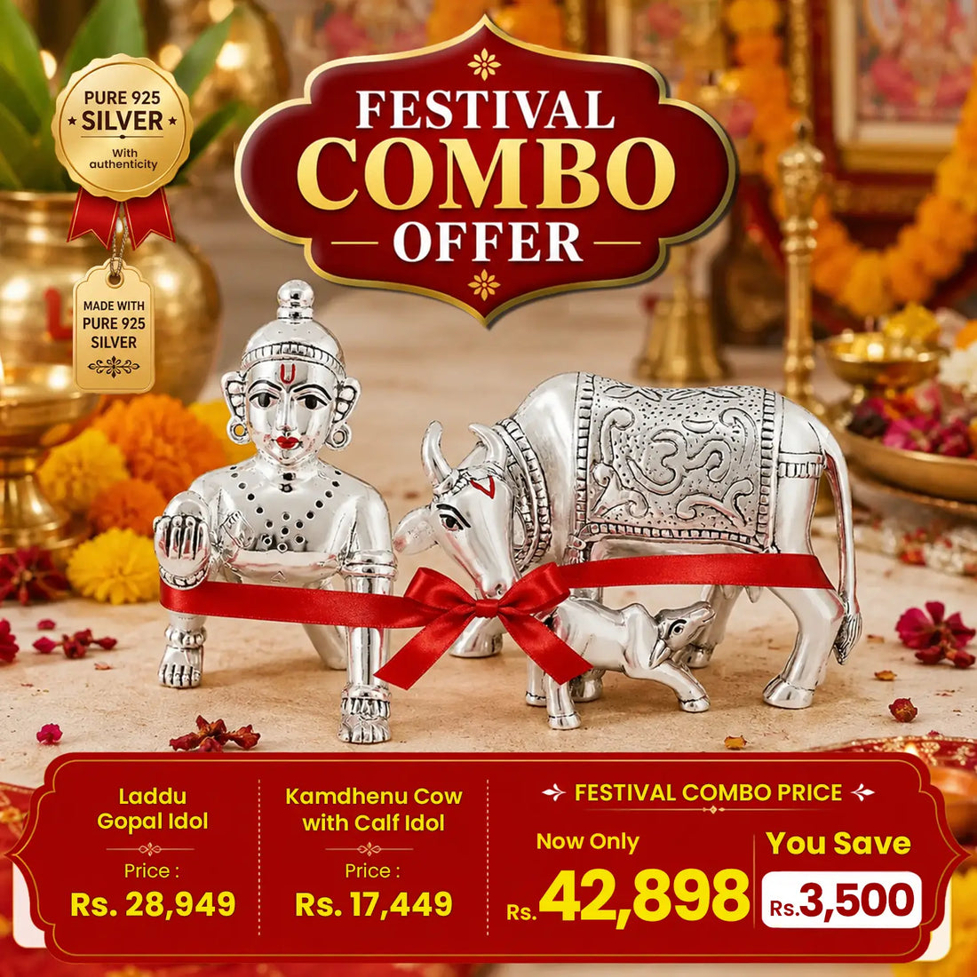 Laddu Gopal & Kamdhenu Cow with Calf Silver Idol Festival Combo - Made With Pure 925 Silver
