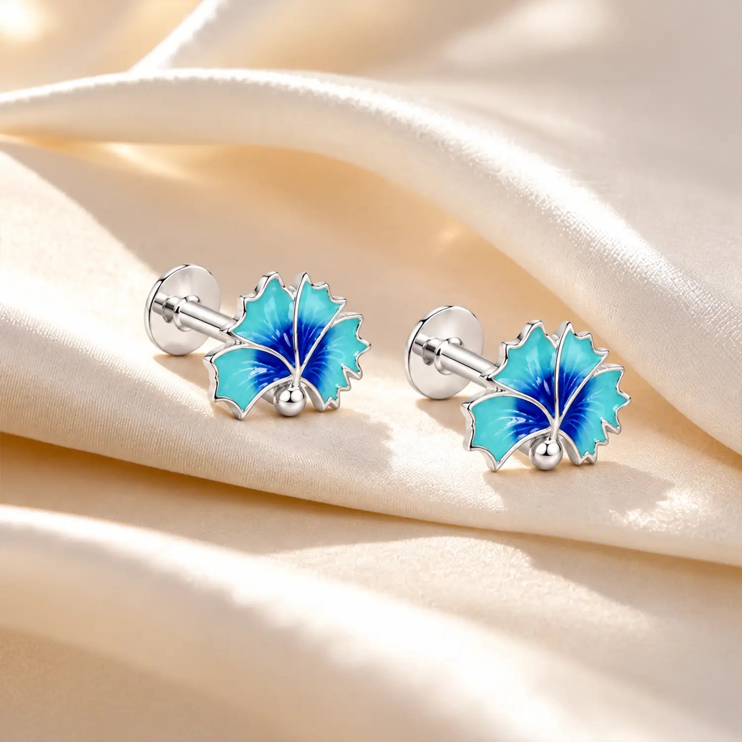 Blue Enamel Floral Silver Stud Earrings - Made With Pure 925 Silver