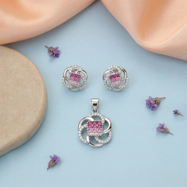 Elegant Pink CZ Floral Knot Pure Silver Pendant Set - Made With Pure 925 Silver