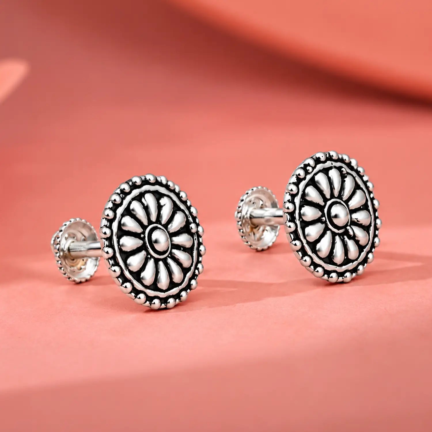 Classic Floral Oxidised Silver Stud Earrings - Made With Pure 925 Silver