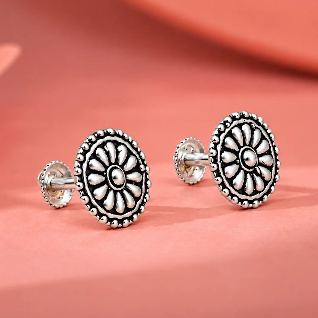 Classic Floral Oxidised Silver Stud Earrings - Made With Pure 925 Silver