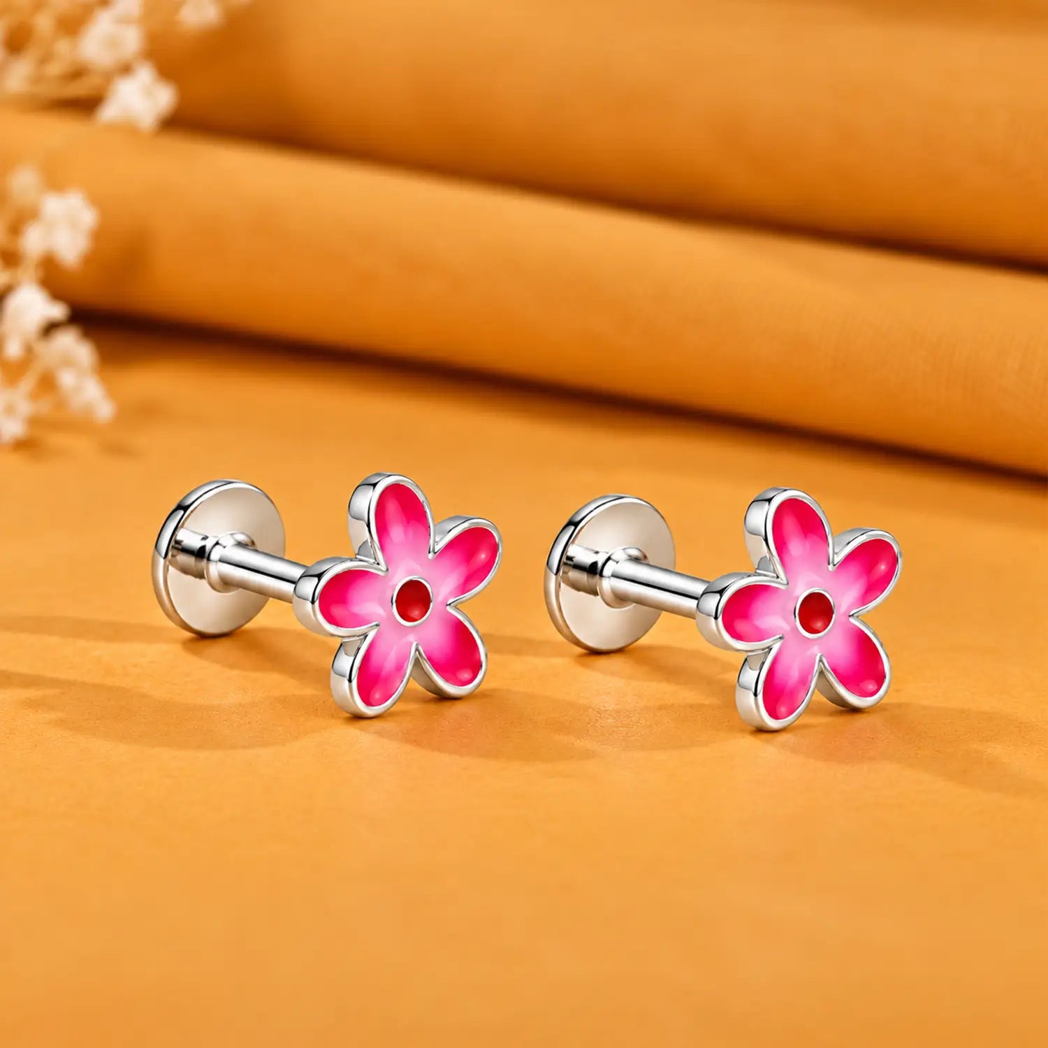 Purple Floral Enamel Silver Stud Earrings - Made With Pure 925 Silver