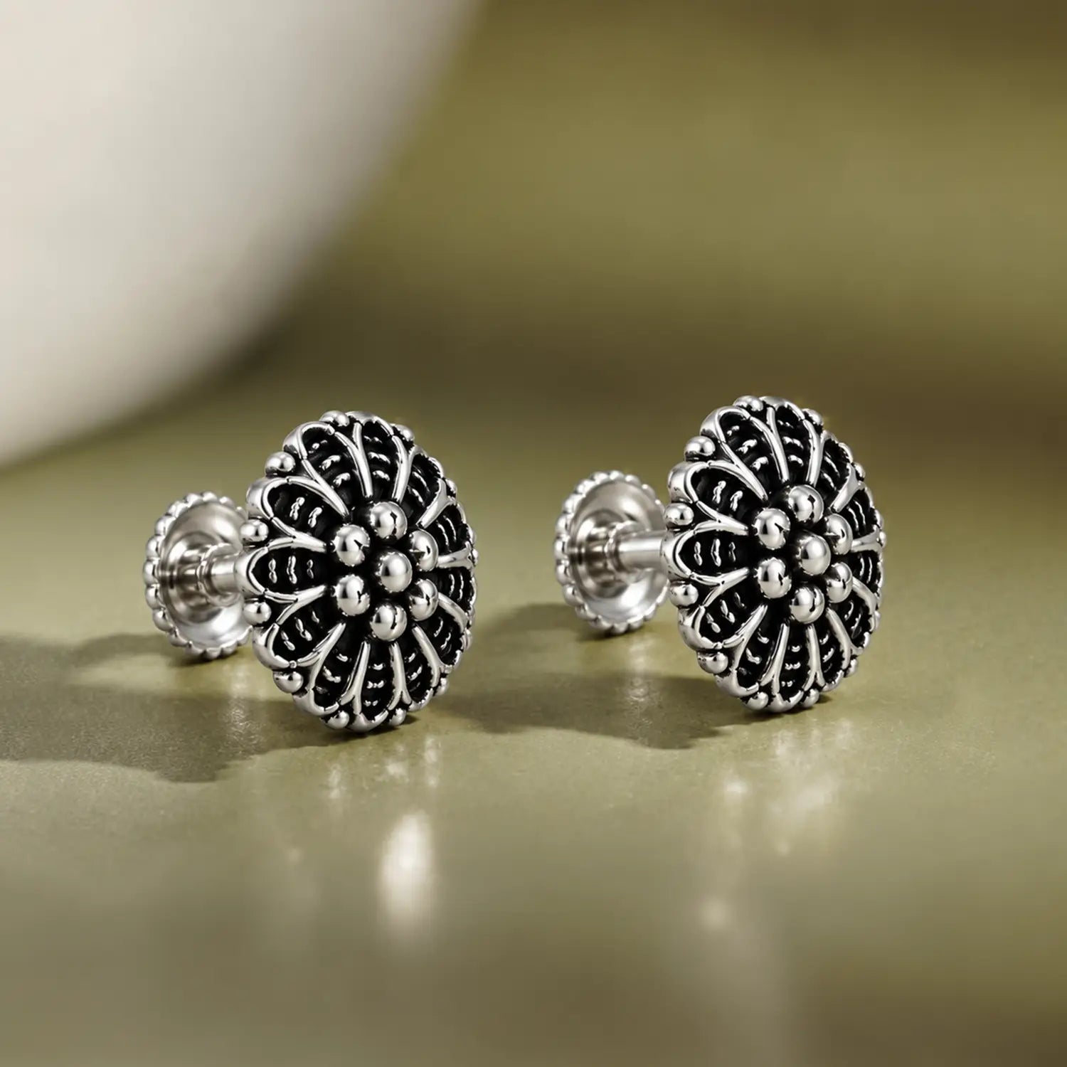 Antique Floral Oxidized Silver Stud Earrings - Made With Pure 925 Silver