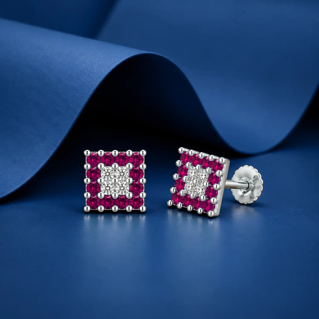 Orange & White Square Gemstone Silver Stud Earrings - Made With Pure 925 Silver