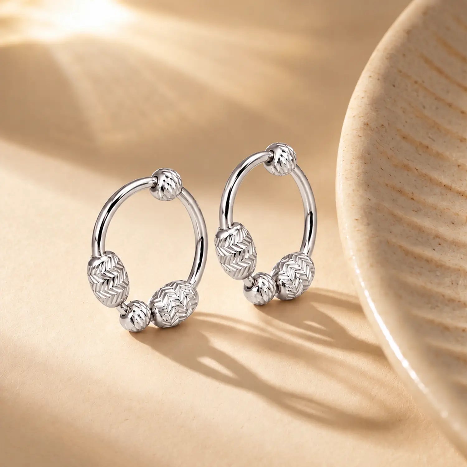 Textured Bead Accent Oval Hoop 925 Silver Earrings - Made With Pure 925 Silver