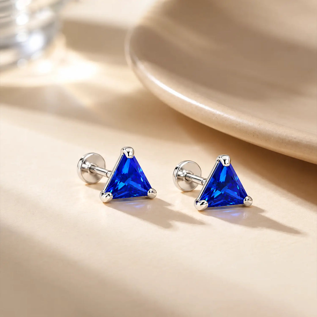 Royal Blue Triangle Gemstone Silver Stud Earrings - Made With Pure 925 Silver