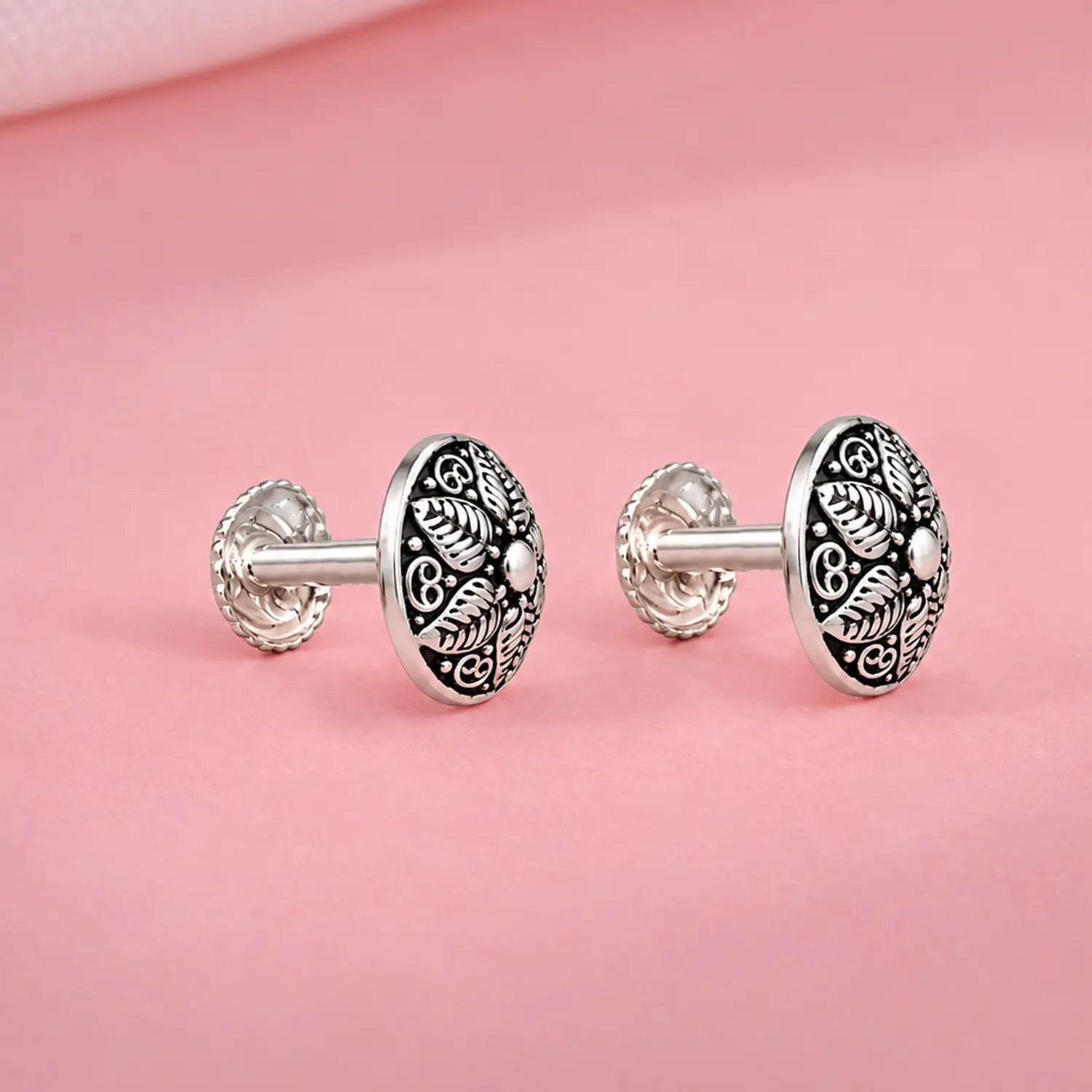 Vintage Leaf Motif Oxidised Silver Stud Earrings - Made With Pure 925 Silver