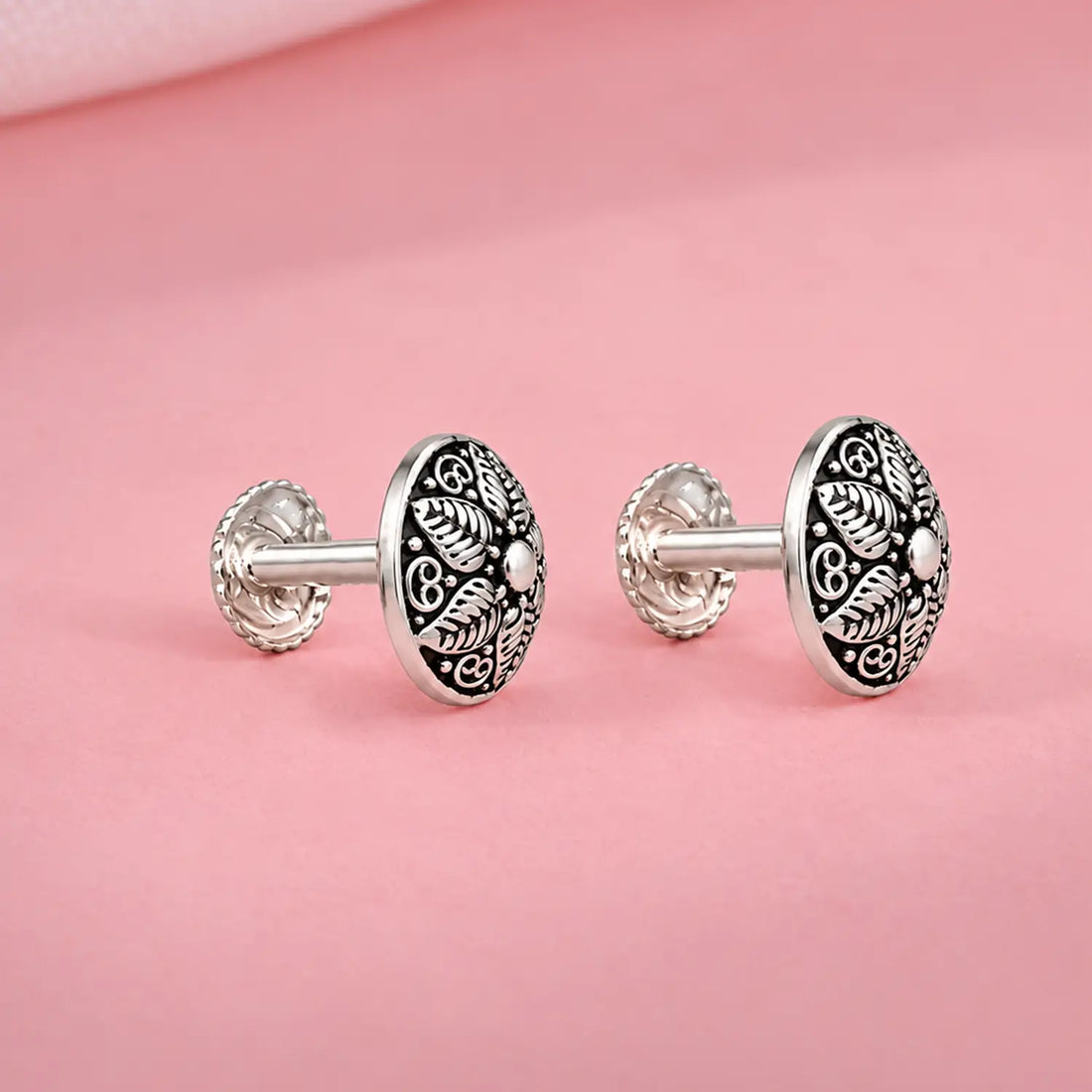 Vintage Leaf Motif Oxidised Silver Stud Earrings - Made With Pure 925 Silver