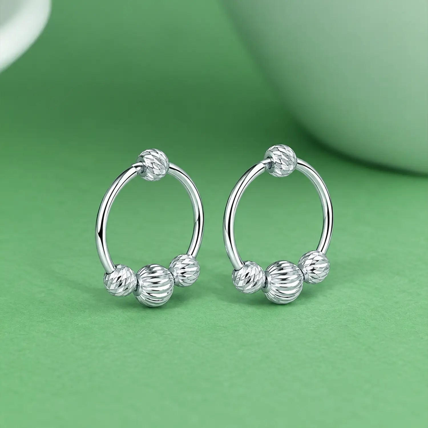Ribbed Bead Circle Silver Hoop Earrings - Made With Pure 925 Silver