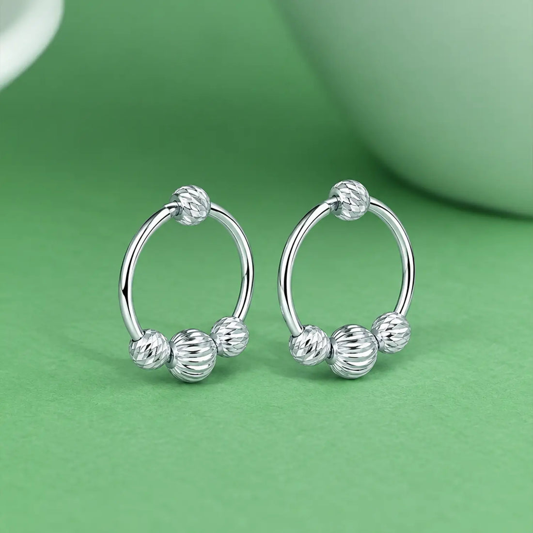 Ribbed Bead Circle Silver Hoop Earrings - Made With Pure 925 Silver