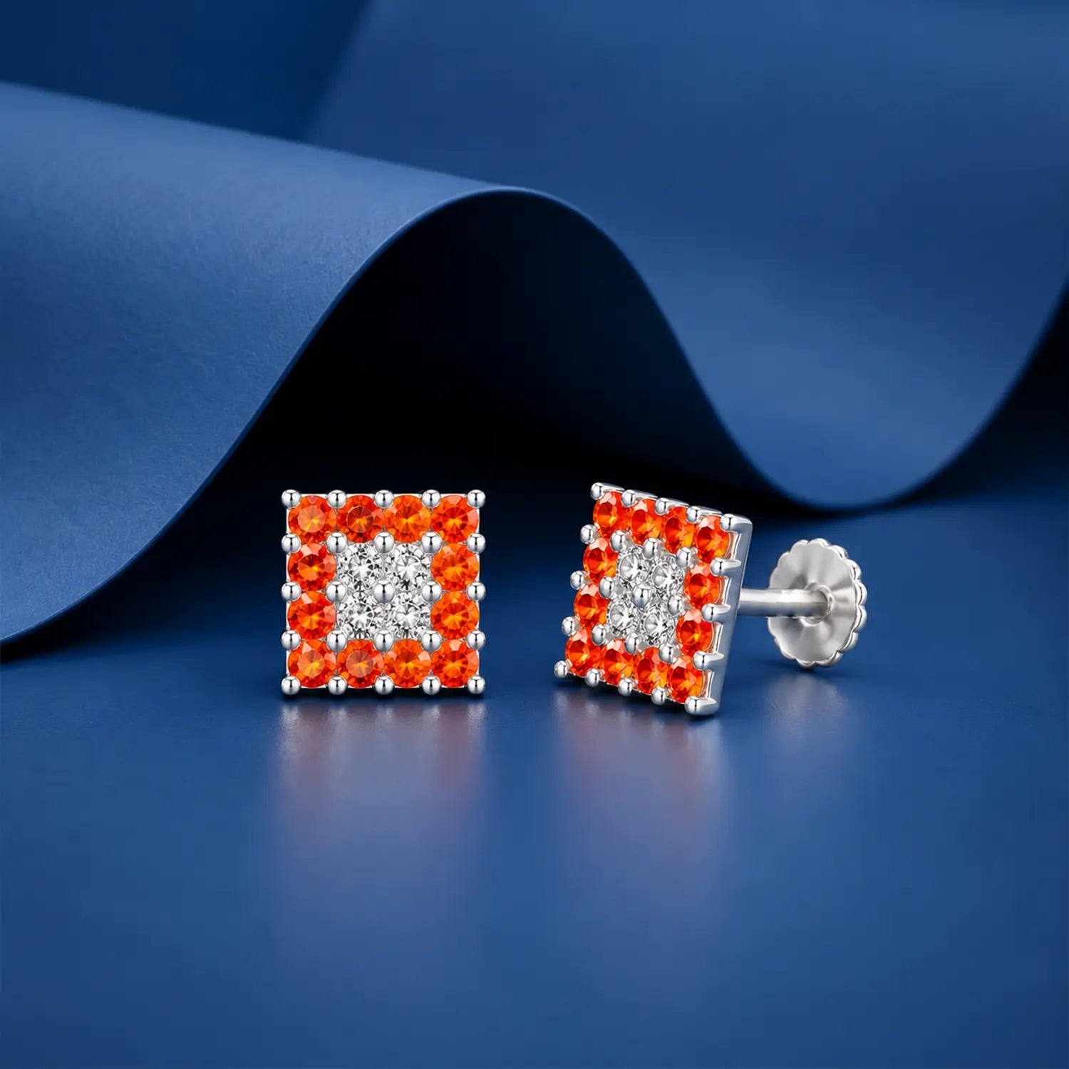 Orange & White Square Gemstone Silver Stud Earrings - Made With Pure 925 Silver