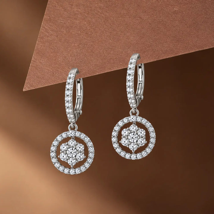 Elegant Floral Halo Drop Silver Earrings - Made With Pure 925 Silver