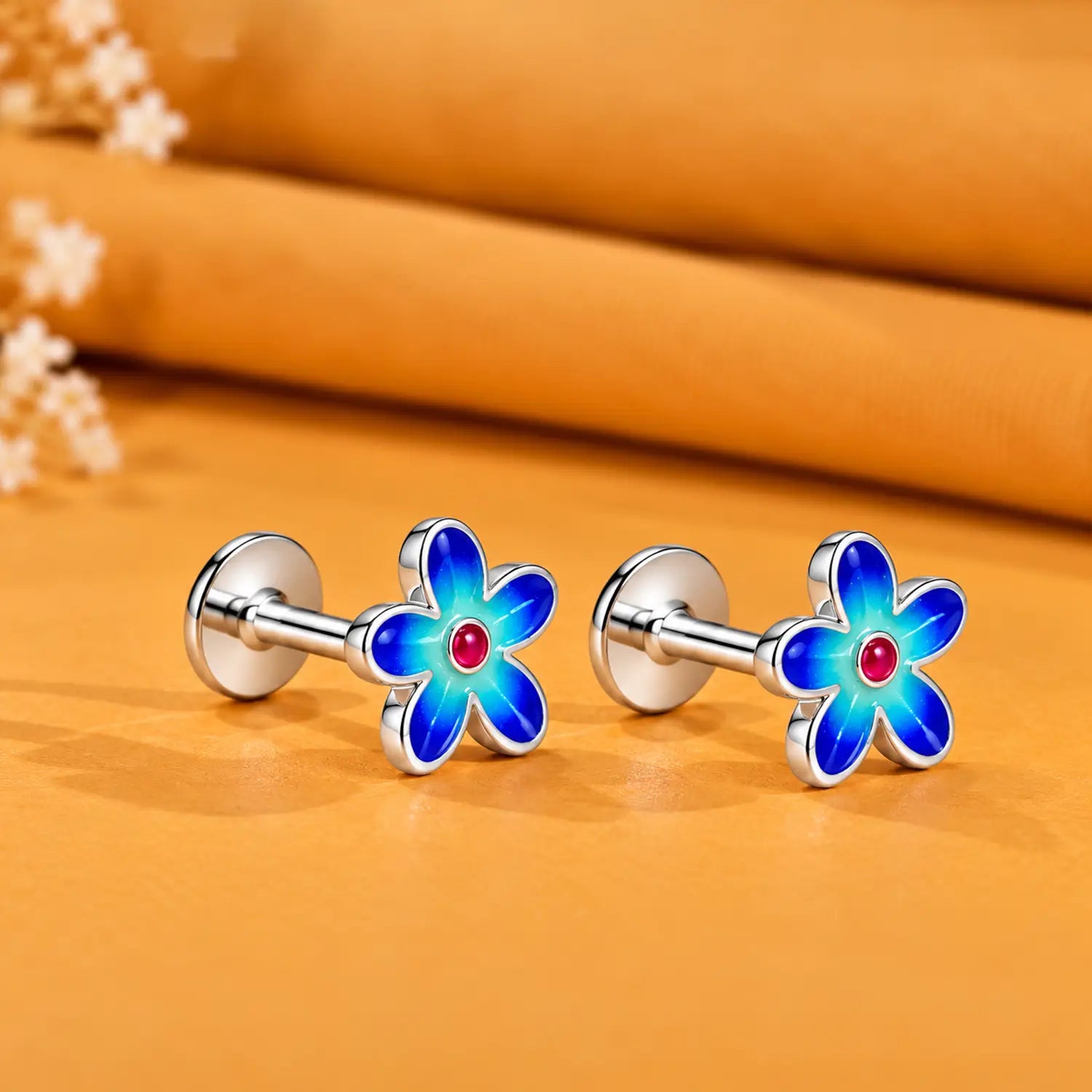 Purple Floral Enamel Silver Stud Earrings - Made With Pure 925 Silver