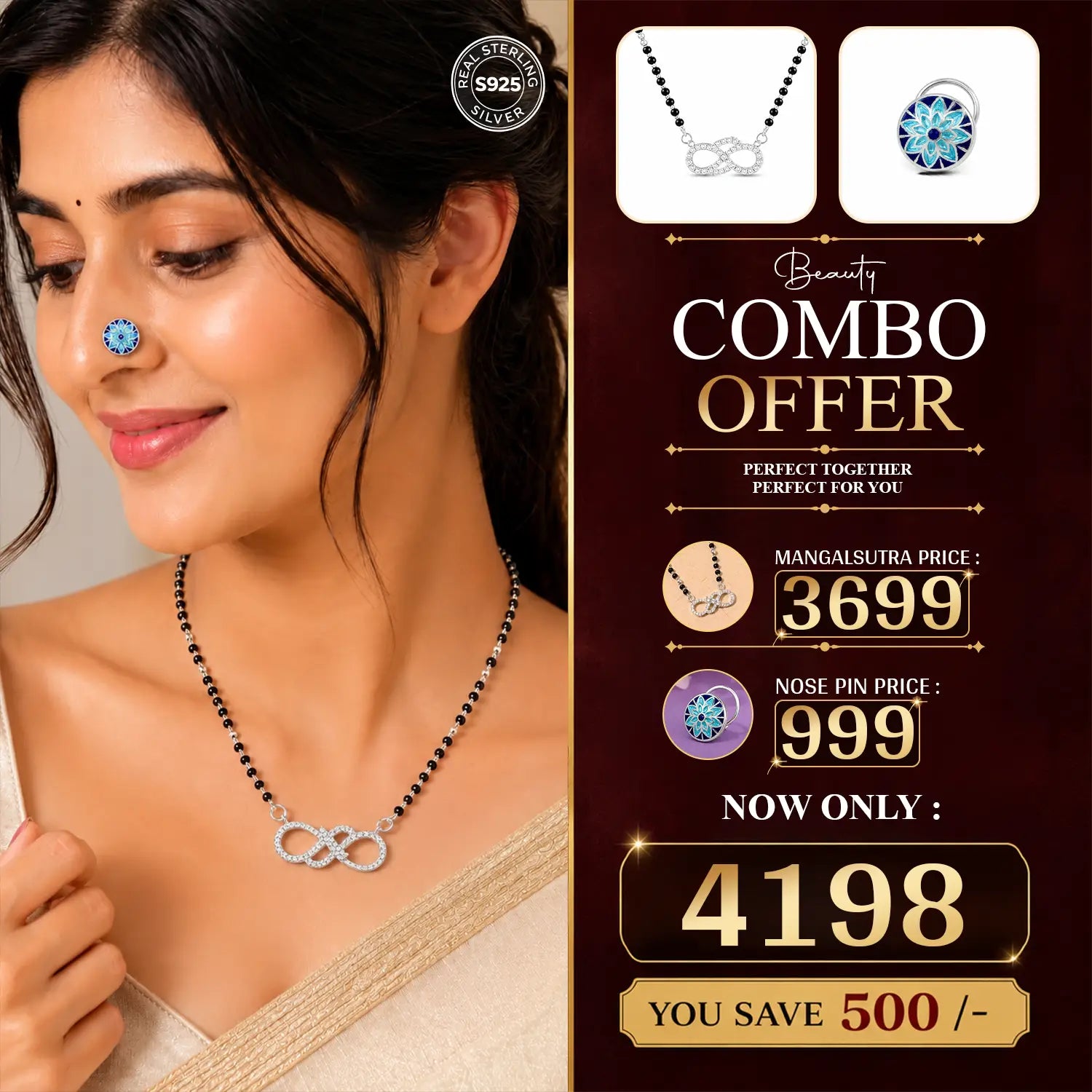 Beauty Combo – Pure 925 Silver Mangalsutra & Nose Pin