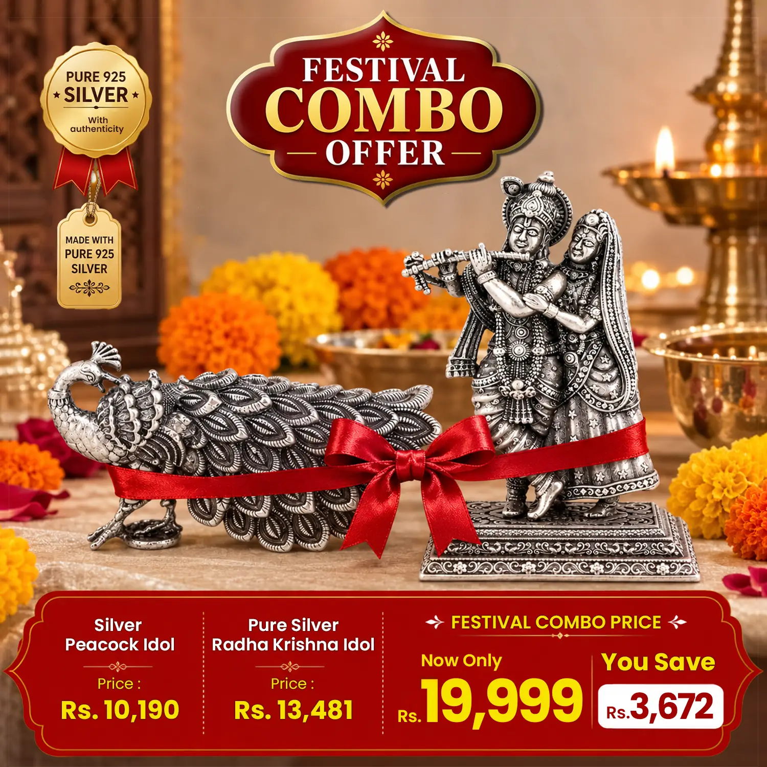 Silver Peacock & Radha Krishna Idol Festival Combo - Made With Pure 925 Silver