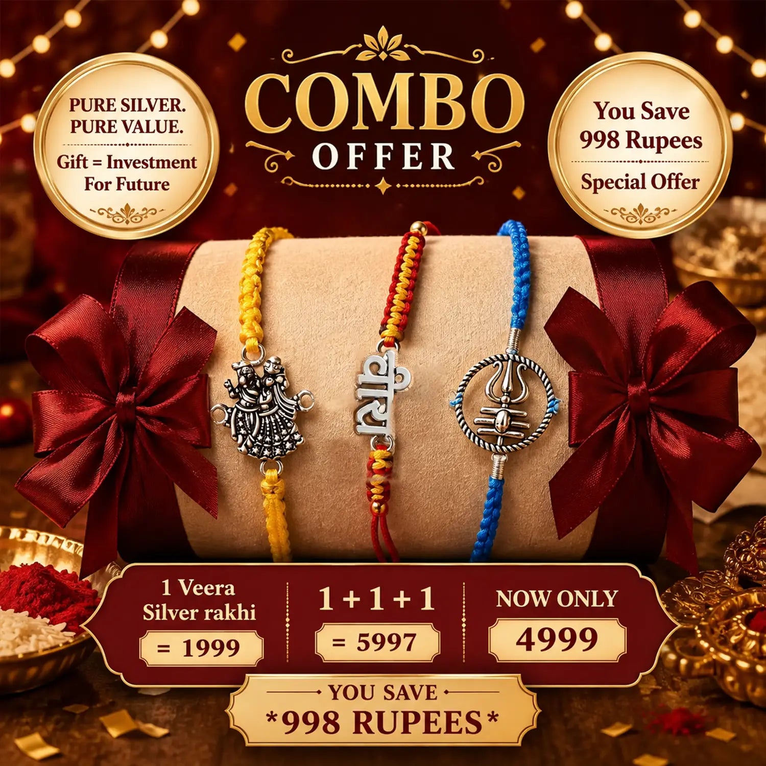 Three Pure Silver Rakhi Combo – Premium Raksha Bandhan Offer
