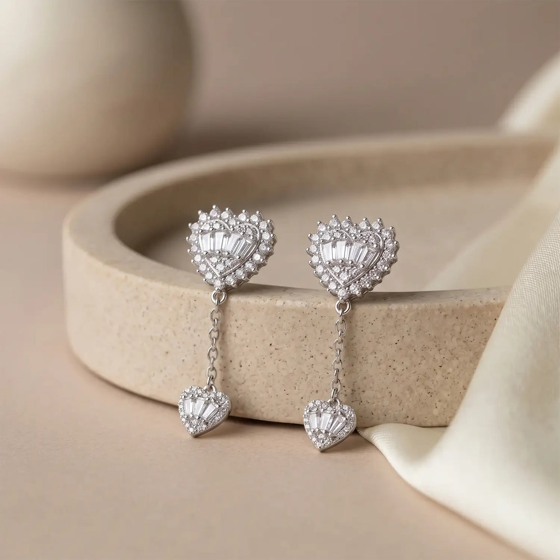 Sparkling Double Heart Drop Silver Earrings - Made With Pure 925 Silver