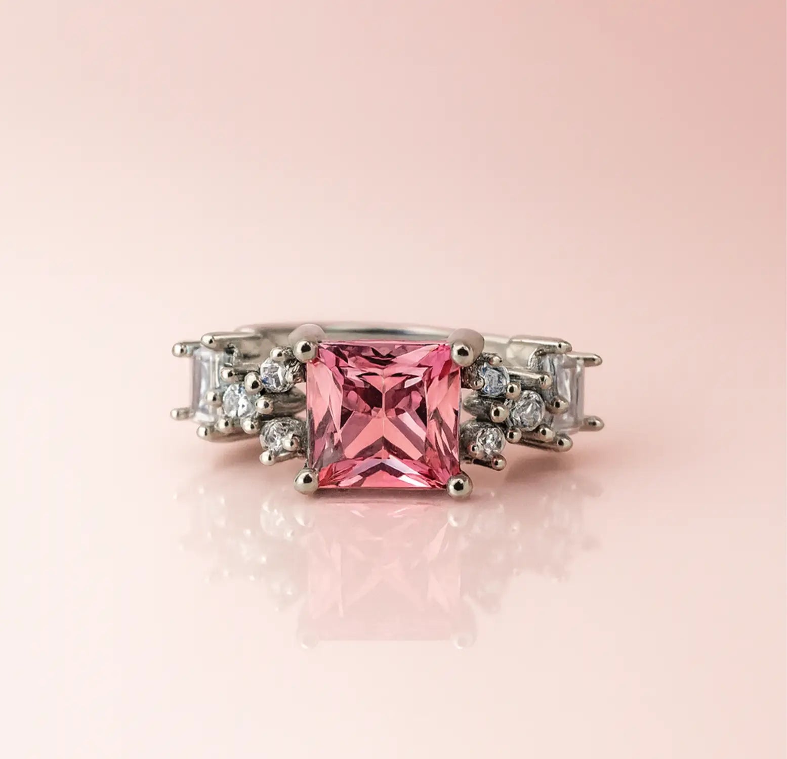 Pure Silver Pink Princess-Cut Ring - Made With Pure 925 Silver