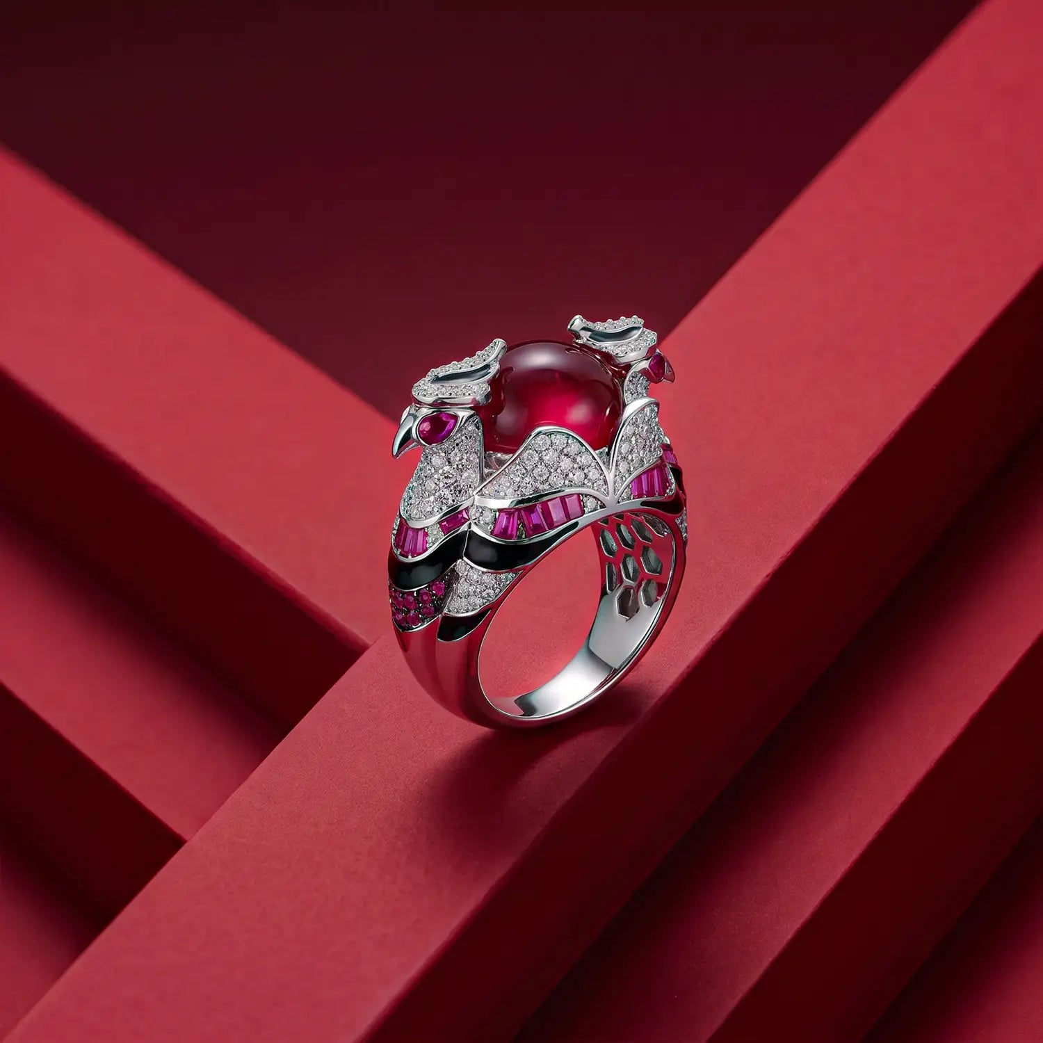 Pure Silver Red Enamel & CZ Statement Ring - Made With Pure 925 Silver