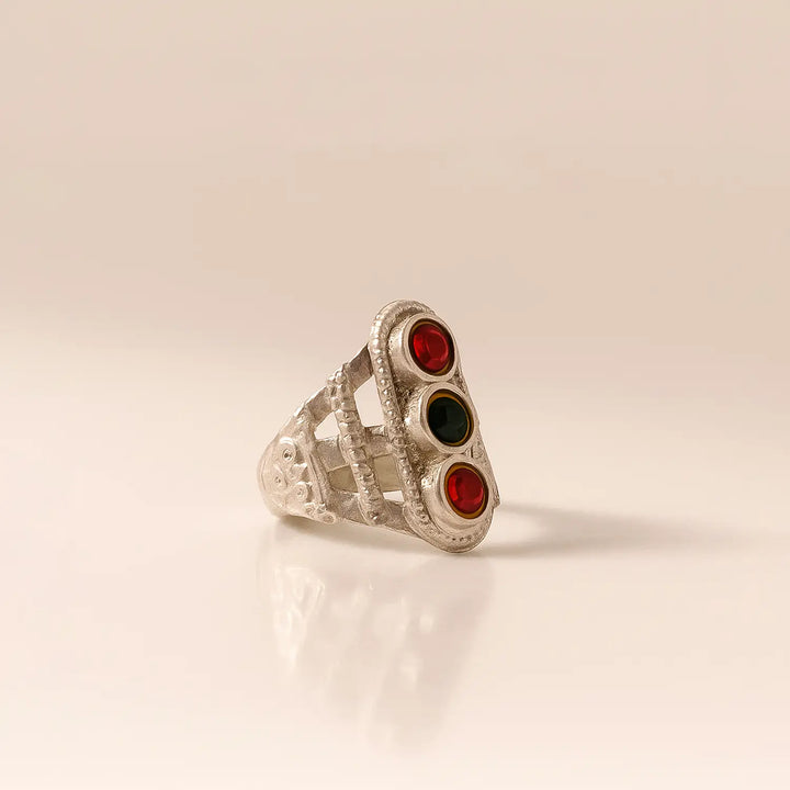 Silver Tribal Ring with Red & Green Stones- Made With Pure 925 Silver