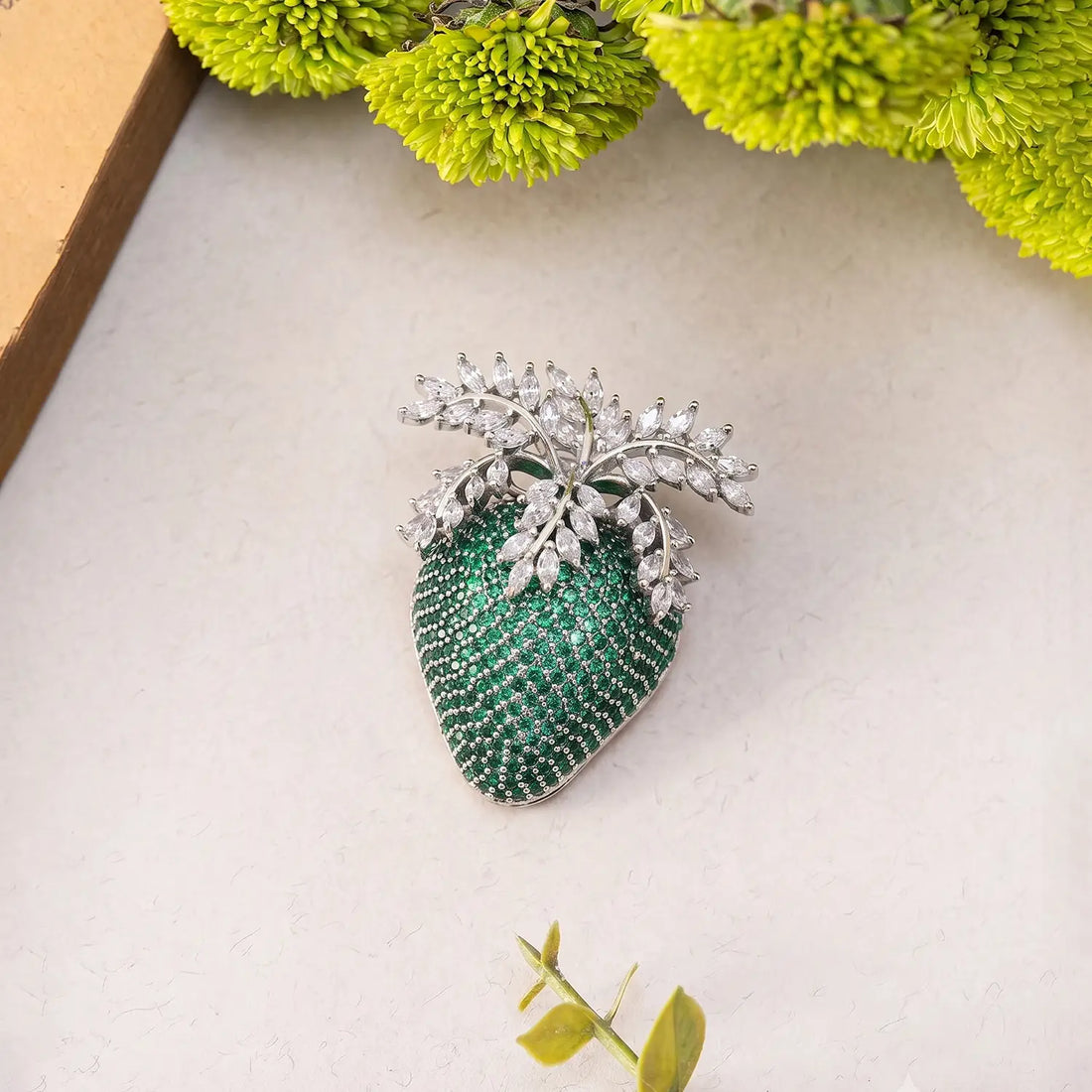 Emerald Leaf Crystal Silver Brooch - Made With Pure 925 Silver