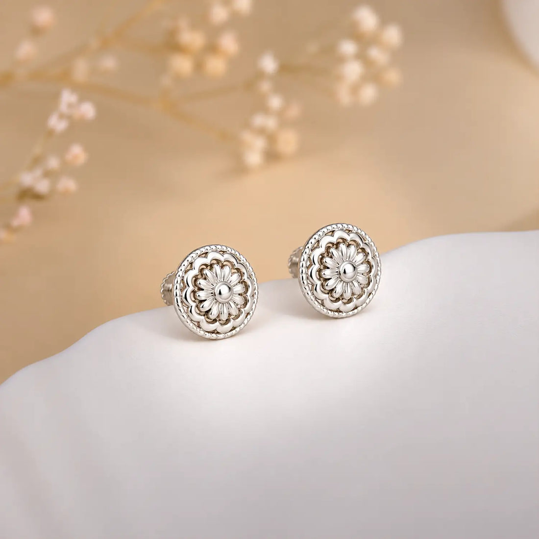 Floral Medallion Silver Stud Earrings - Made With Pure 925 Silver