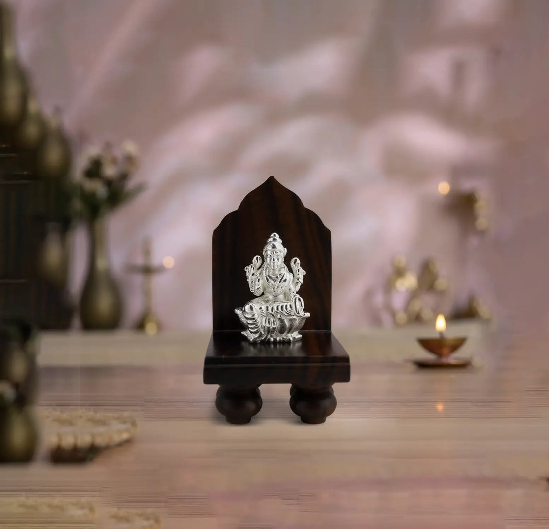 Pure Silver Goddess Lakshmi Idol with Wooden Singhasan - Made With Pure 925 Silver