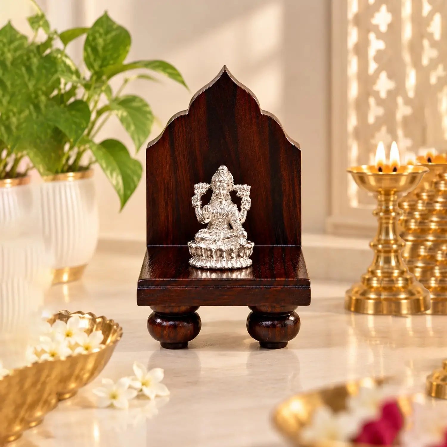 Pure Silver Goddess Lakshmi Idol with Wooden Singhasan - Made With Pure 925 Silver