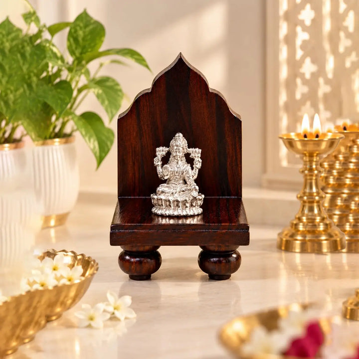 Pure Silver Goddess Lakshmi Idol with Wooden Singhasan - Made With Pure 925 Silver
