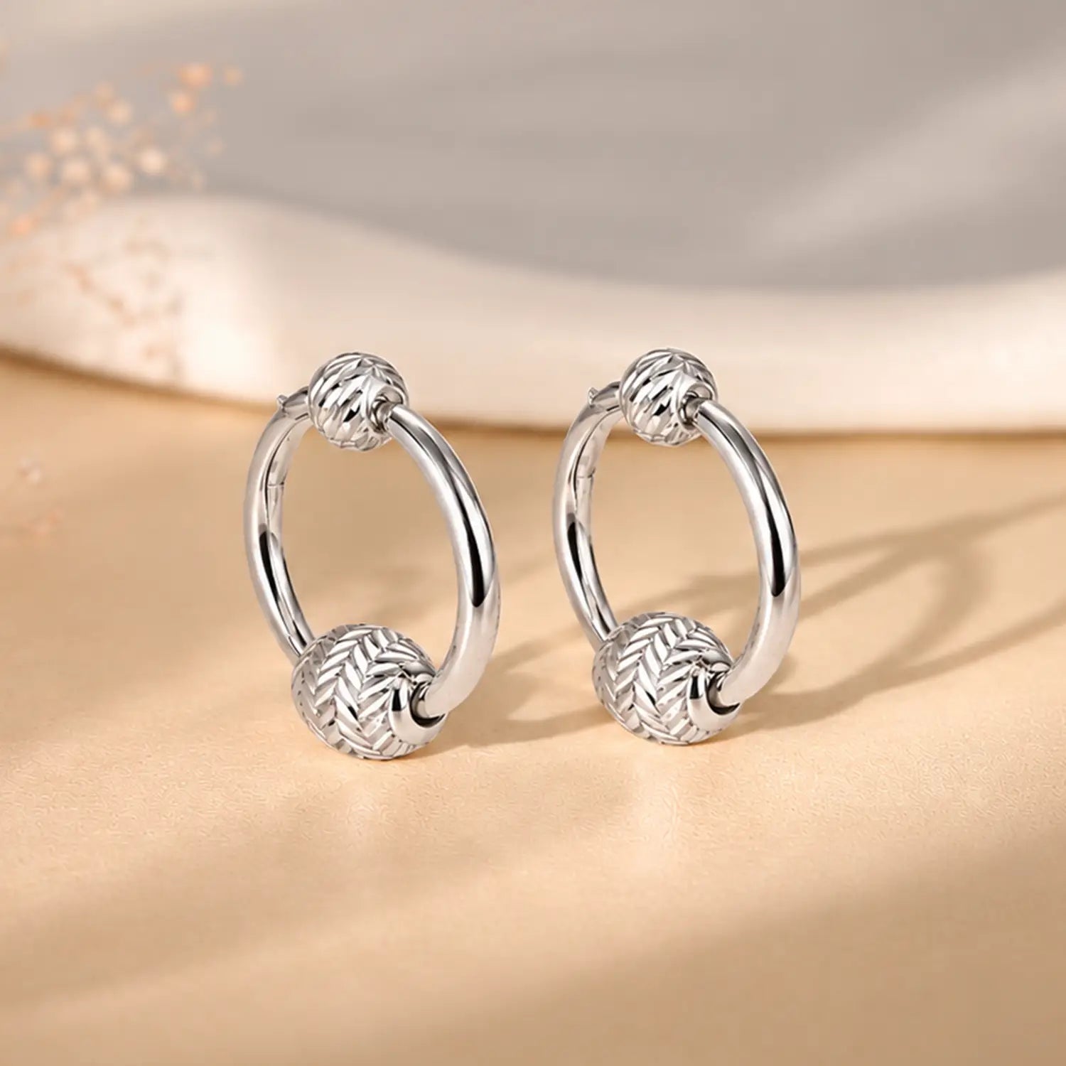 Textured Double-Bead Oval Hoop 925 Silver Earrings - Made With Pure 925 Silver