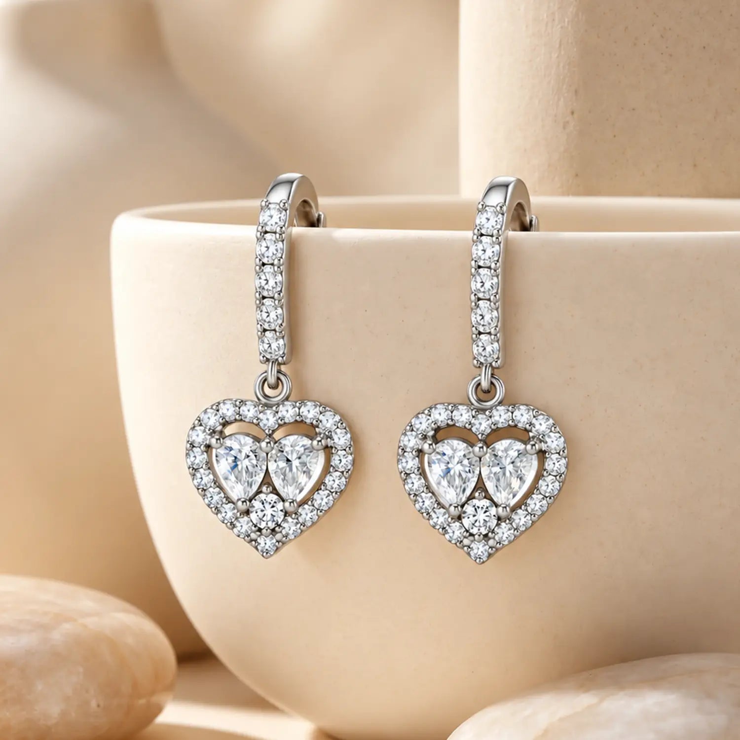 Elegant Double Heart Sparkle Silver Drop Earrings - Made With Pure 925 Silver
