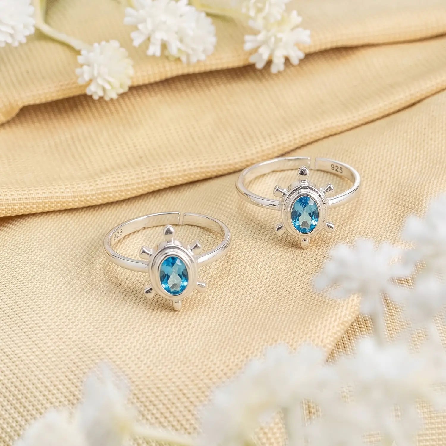 Pure Silver Turtle Toe Rings with Blue Stone- Made With Pure 925 Silver