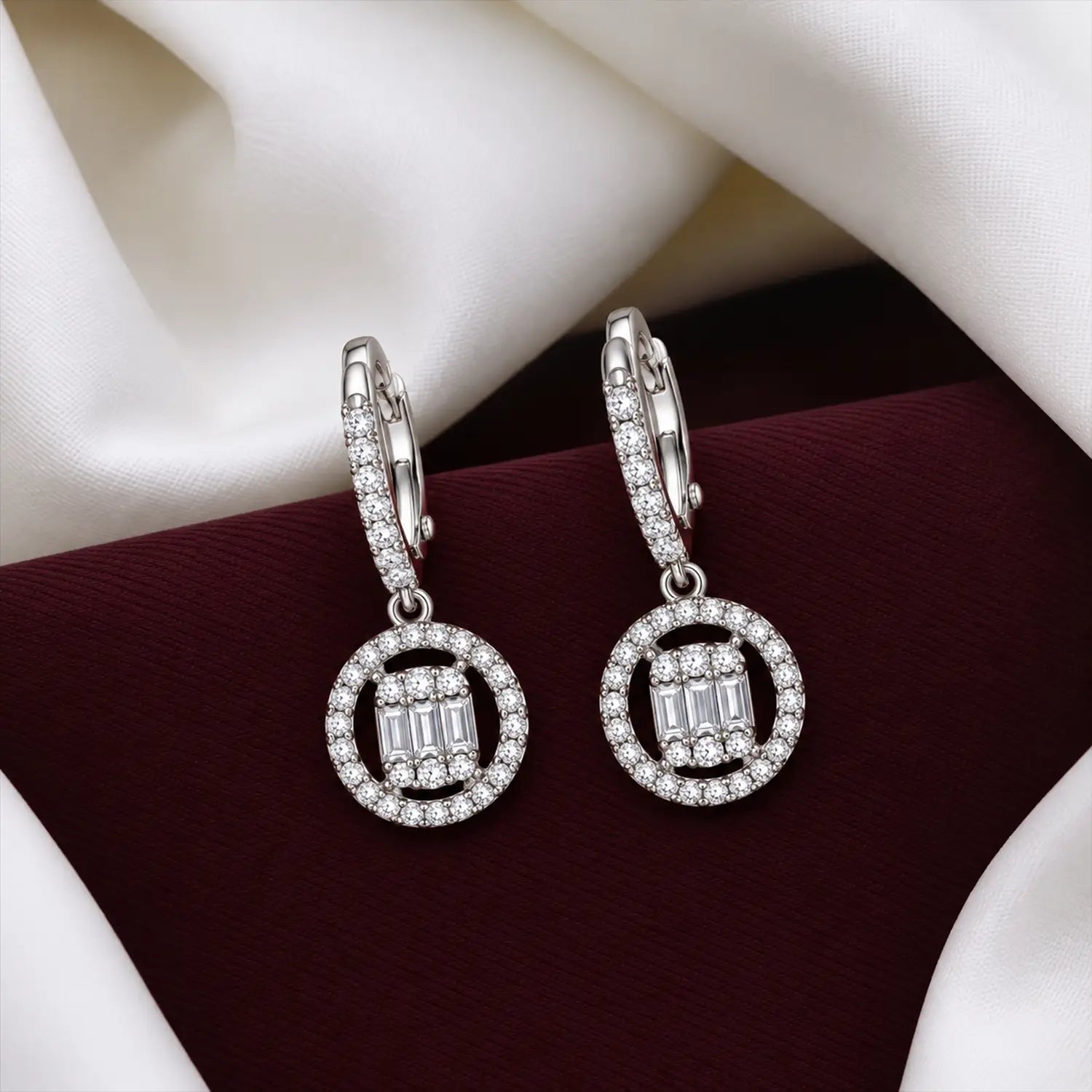 Elegant Round Crystal Halo Silver Drop Earrings - Made With Pure 925 Silver