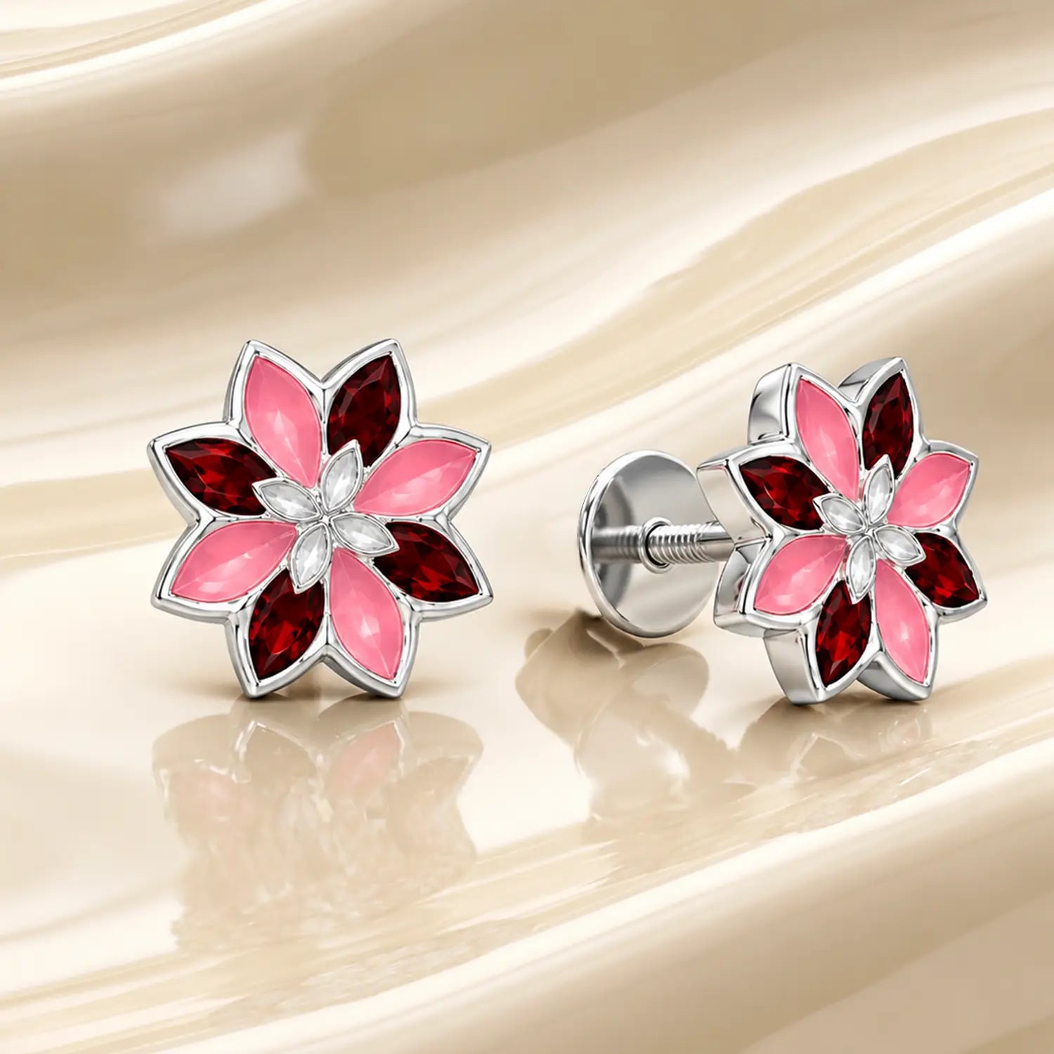 Pink Floral Gemstone Silver Stud Earrings - Made With Pure 925 Silver
