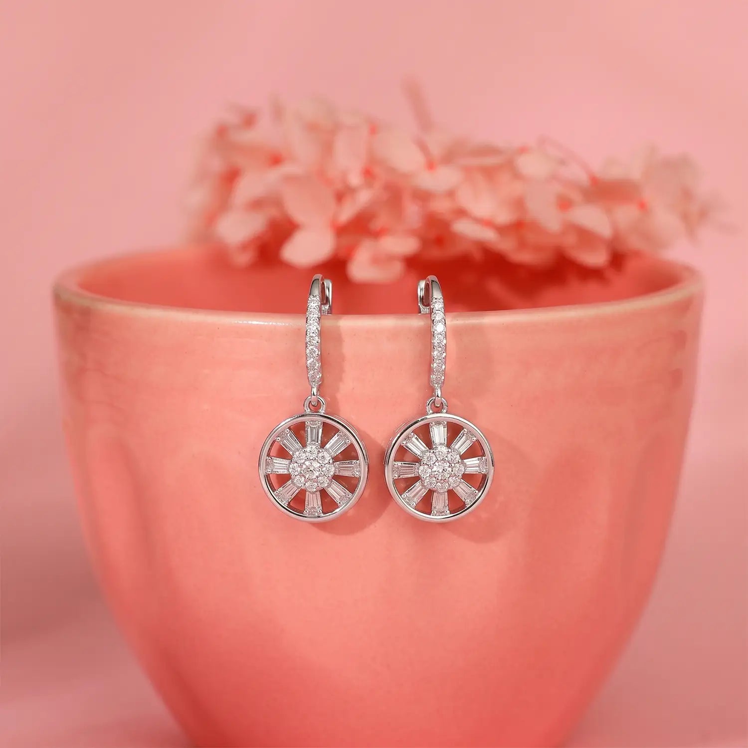 Elegant Sunburst CZ Drop Earrings - Made With Pure 925 Silver