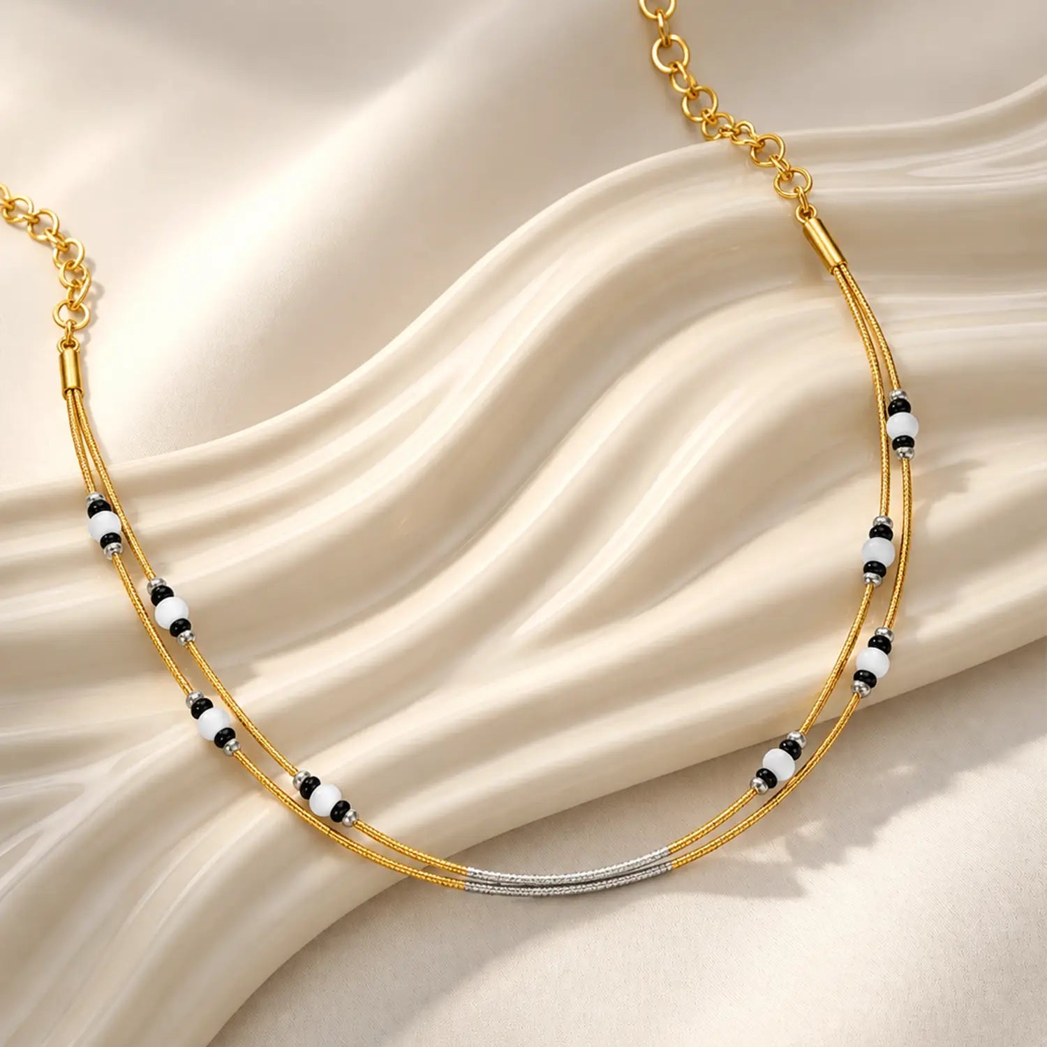 Black & White Beaded Double-Layer Silver Necklace - Made With Pure 925 Silver
