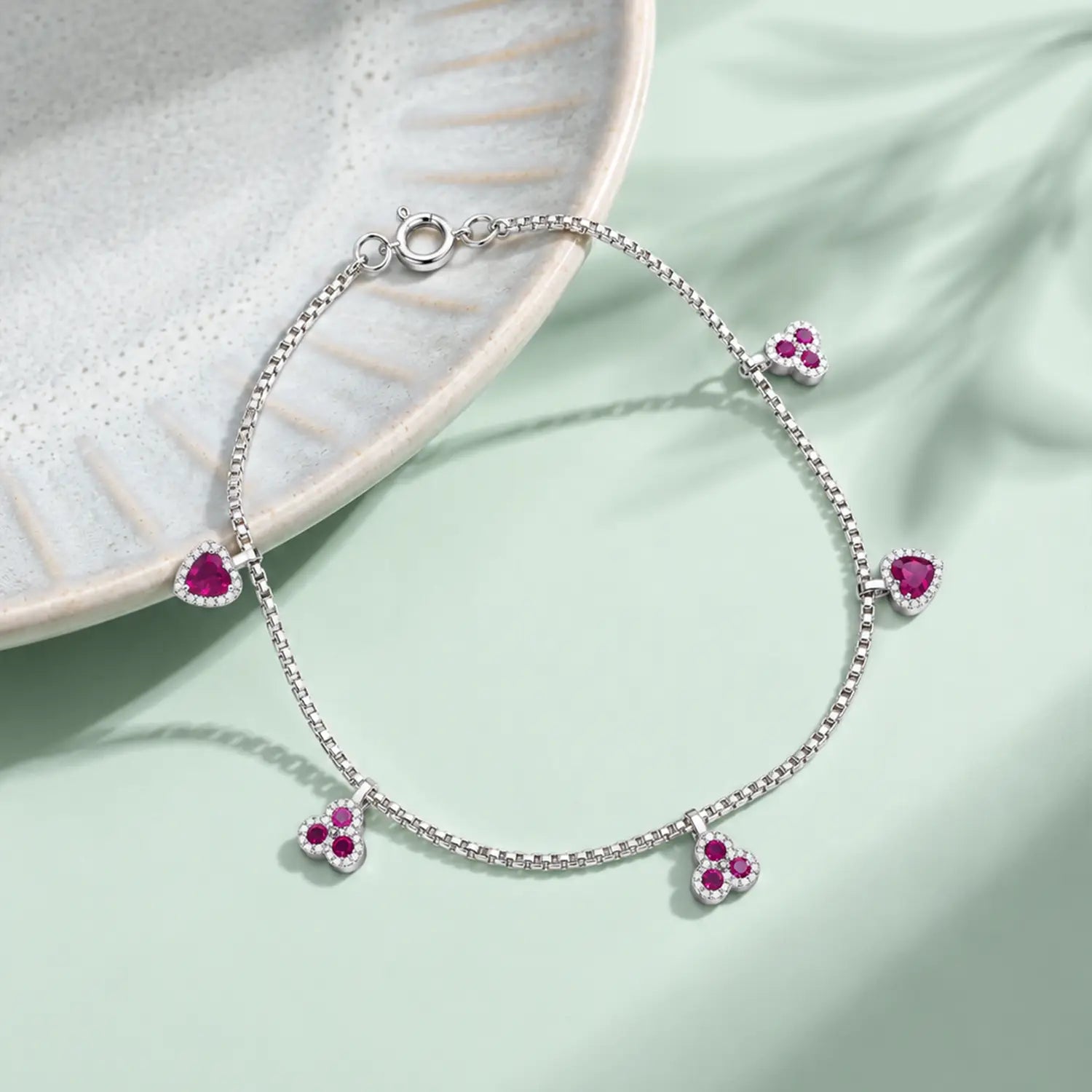 Ruby Charm Bracelet – Elegant Heart & Floral Design - Made With Pure 925 Silver