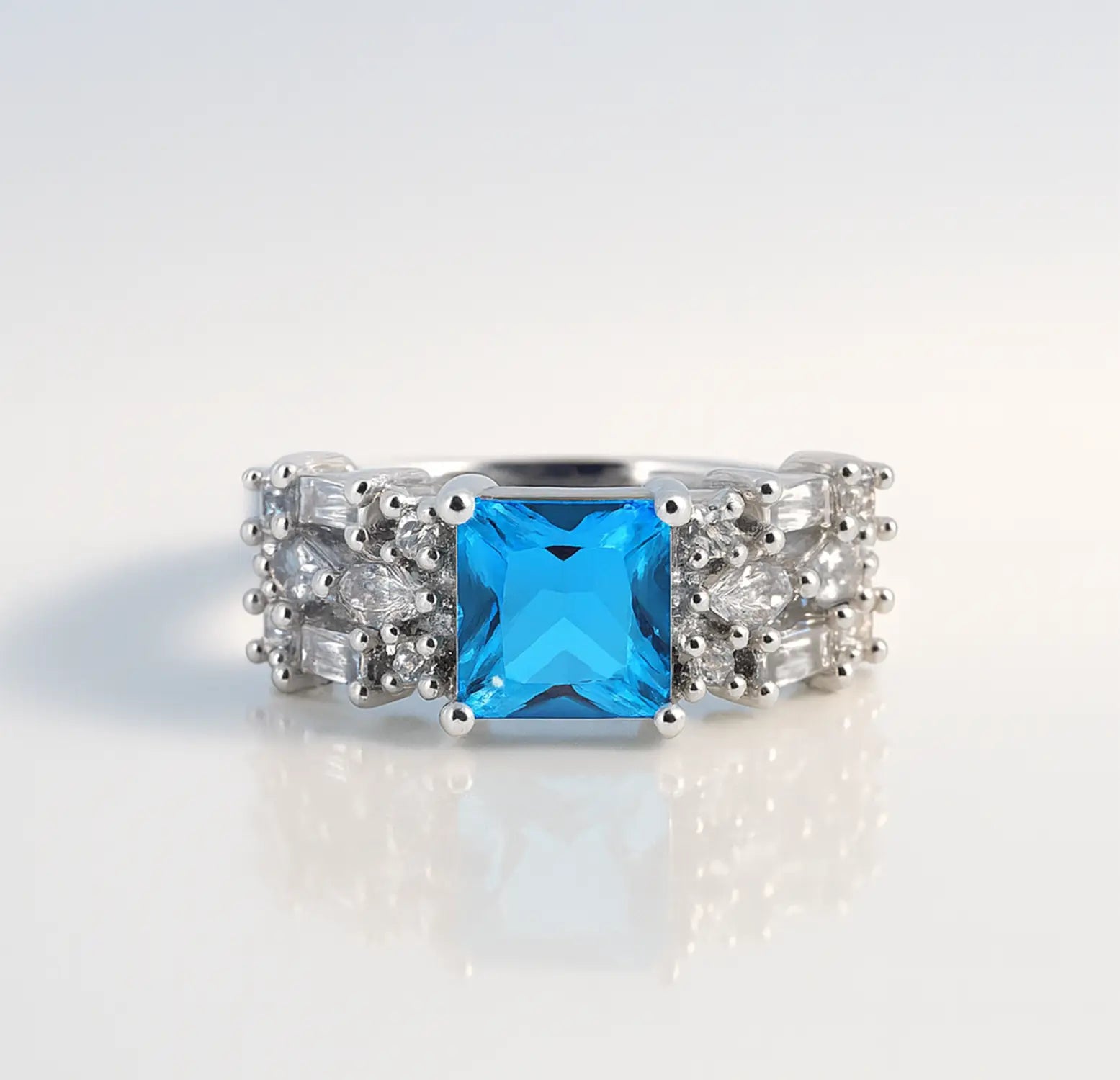 Blue Princess-Cut Stone Silver Ring - Made With Pure 925 Silver