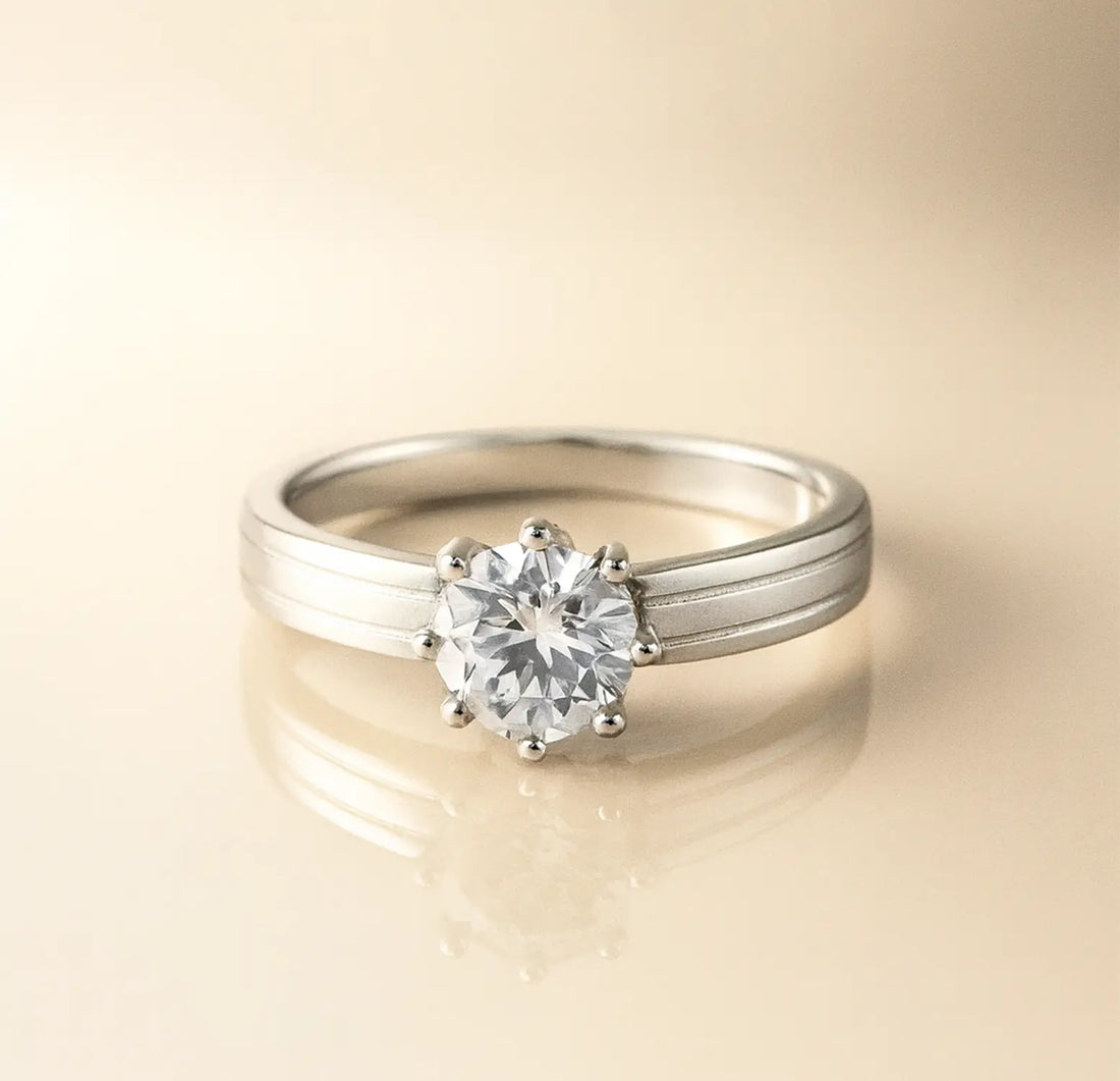 Classic Solitaire Silver Ring with Textured Band - Made With Pure 925 Silver