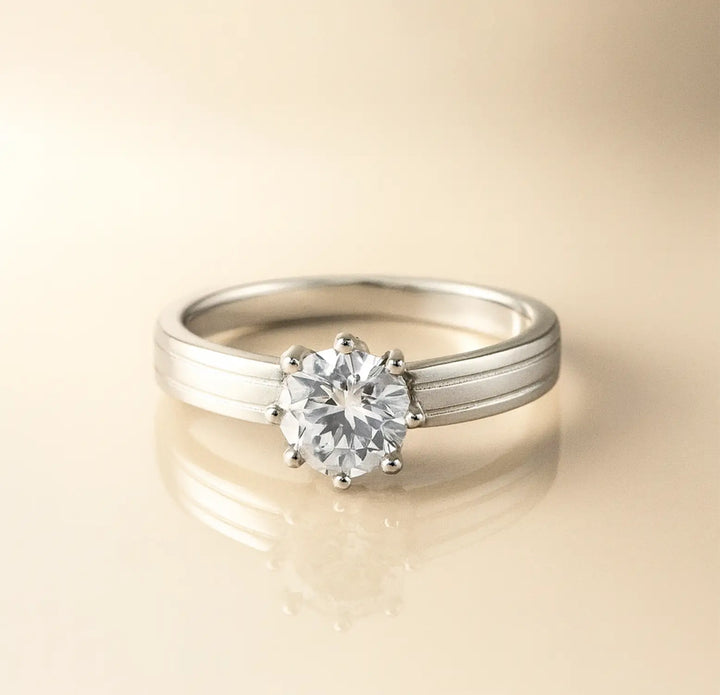 Classic Solitaire Silver Ring with Textured Band - Made With Pure 925 Silver