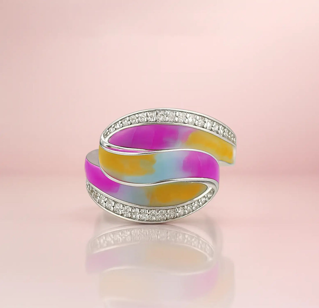 Silver Multicolor Enamel Wave Ring - Made With Pure 925 Silver