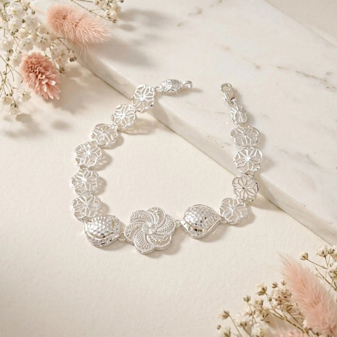 Designer Floral Sterling Silver Bracelet - Made With Pure 925 Silver