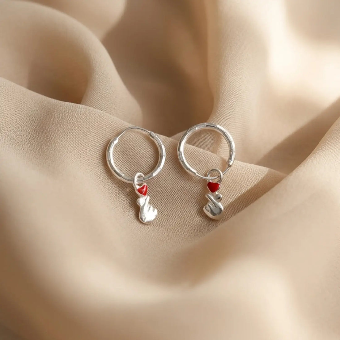 Finger Heart Charm Silver Hoop Earrings - Made With Pure 925 Silver