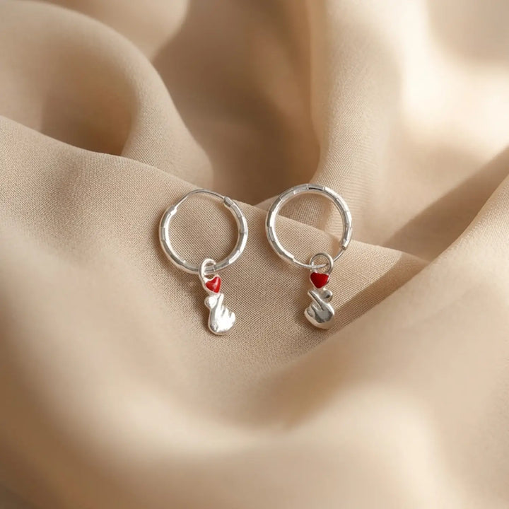 Finger Heart Charm Silver Hoop Earrings - Made With Pure 925 Silver