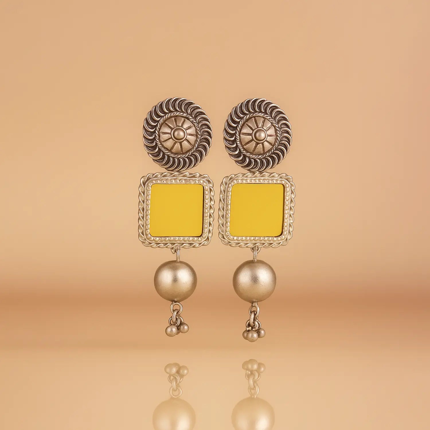 Antique Silver Square Earrings with Pearl Drops- Made With Pure 925 Silver