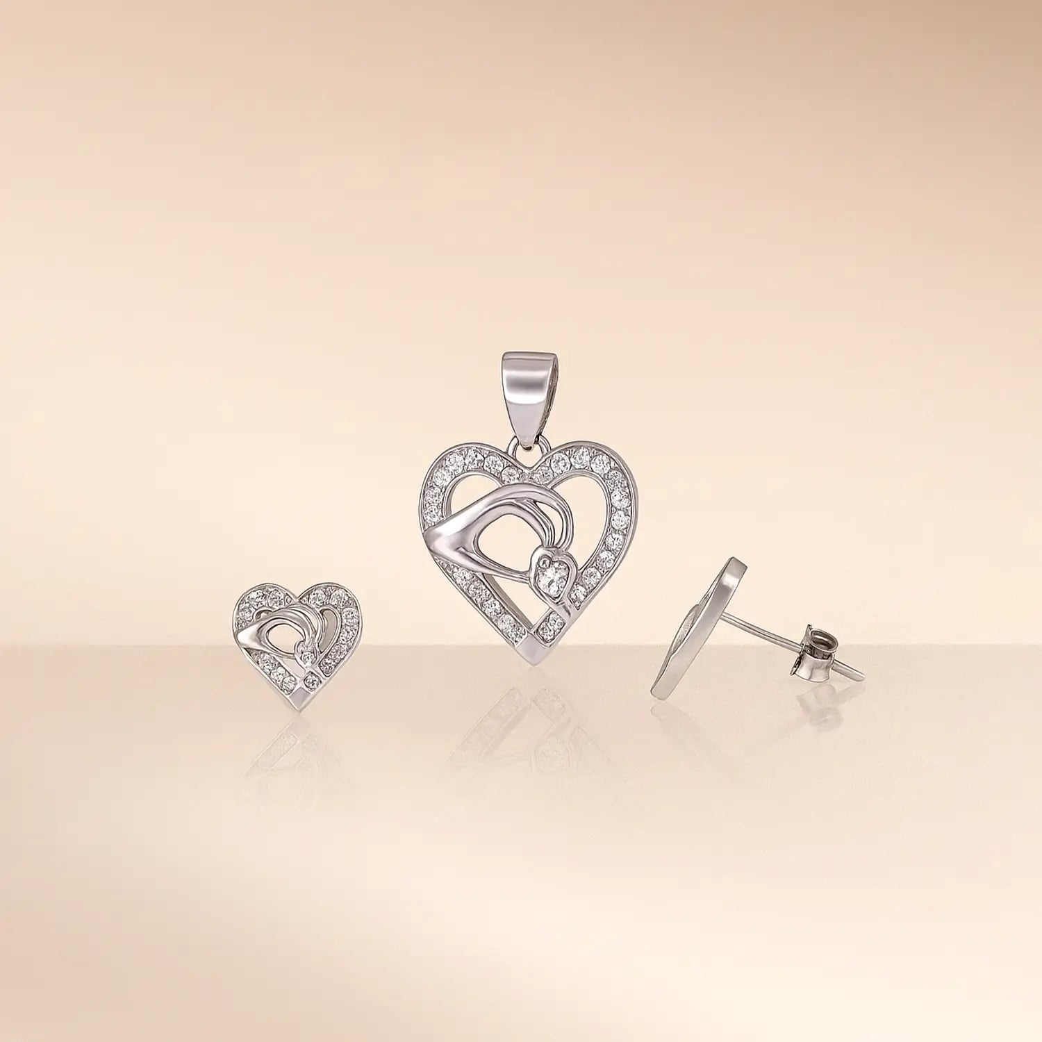 Mother Baby Hand Holding Love Heart Pendent & Earrings Set - Made With Pure 925 Silver